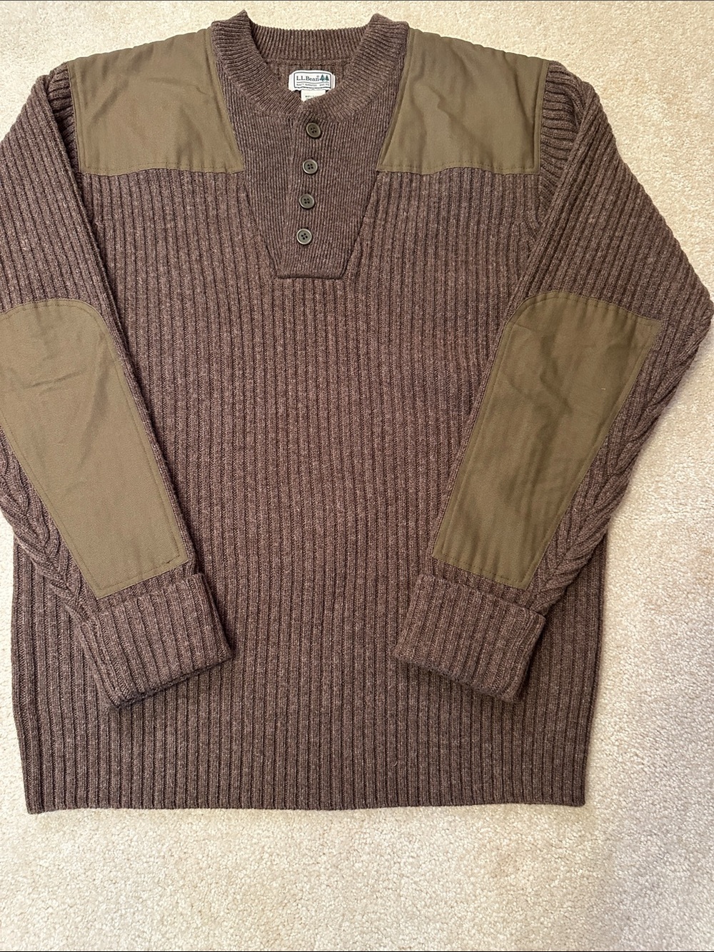 Vintage L.L. Bean Men's Brown Ribbed Wool Henley Sweater with Olive Patches XL R